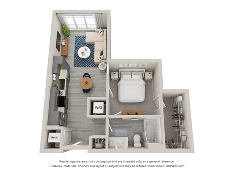 Floor plan for 1 bed, 1 bath, 622 sqft